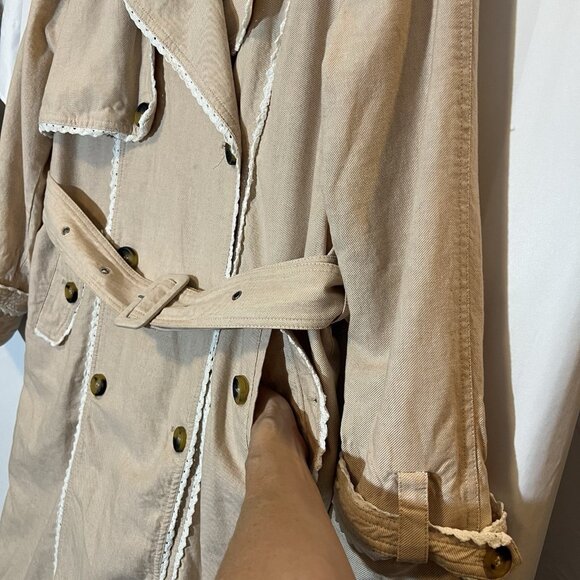 Avec Les Filles Anthropologie Rickrack Trench coat Beige Large Cotton Linen Lace - Picture 15 of 16